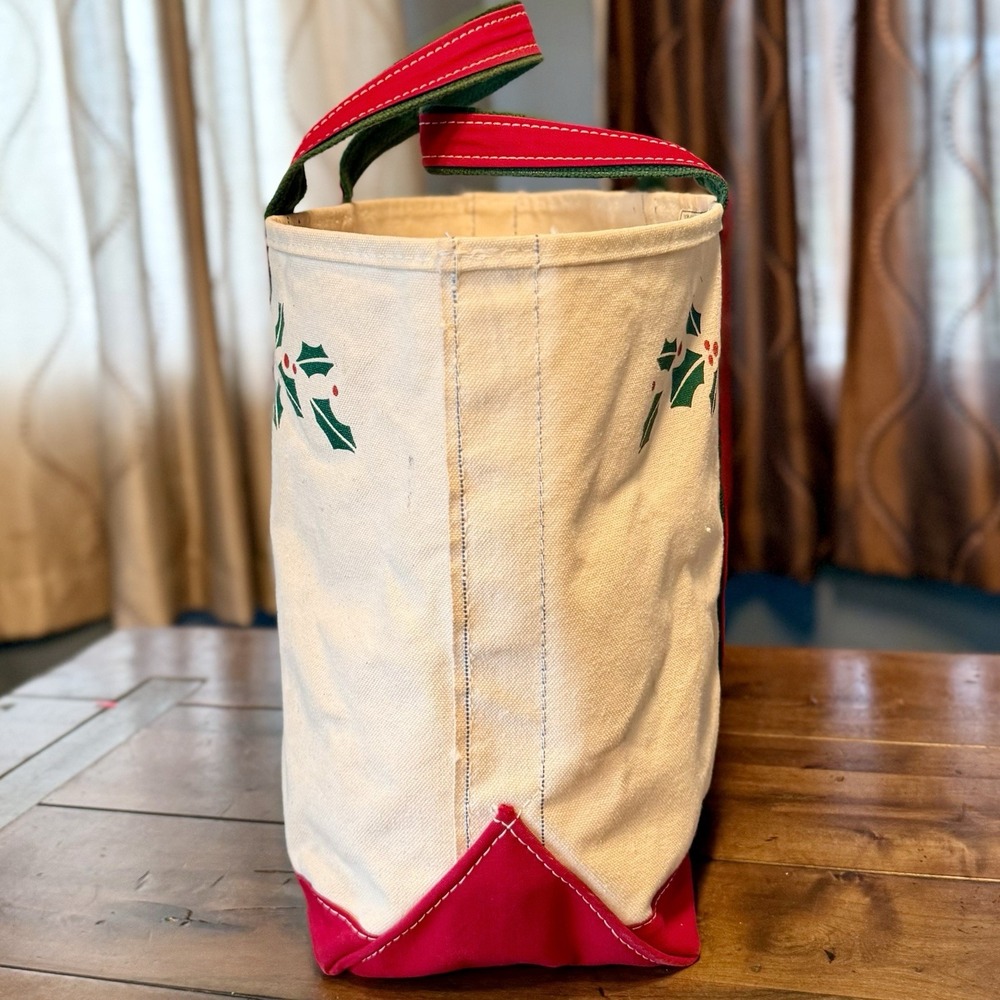 VTG 80s LL Bean Christmas Holly & Berry Holiday Canvas Bag Open Top Boat & Tote - Picture 3 of 8